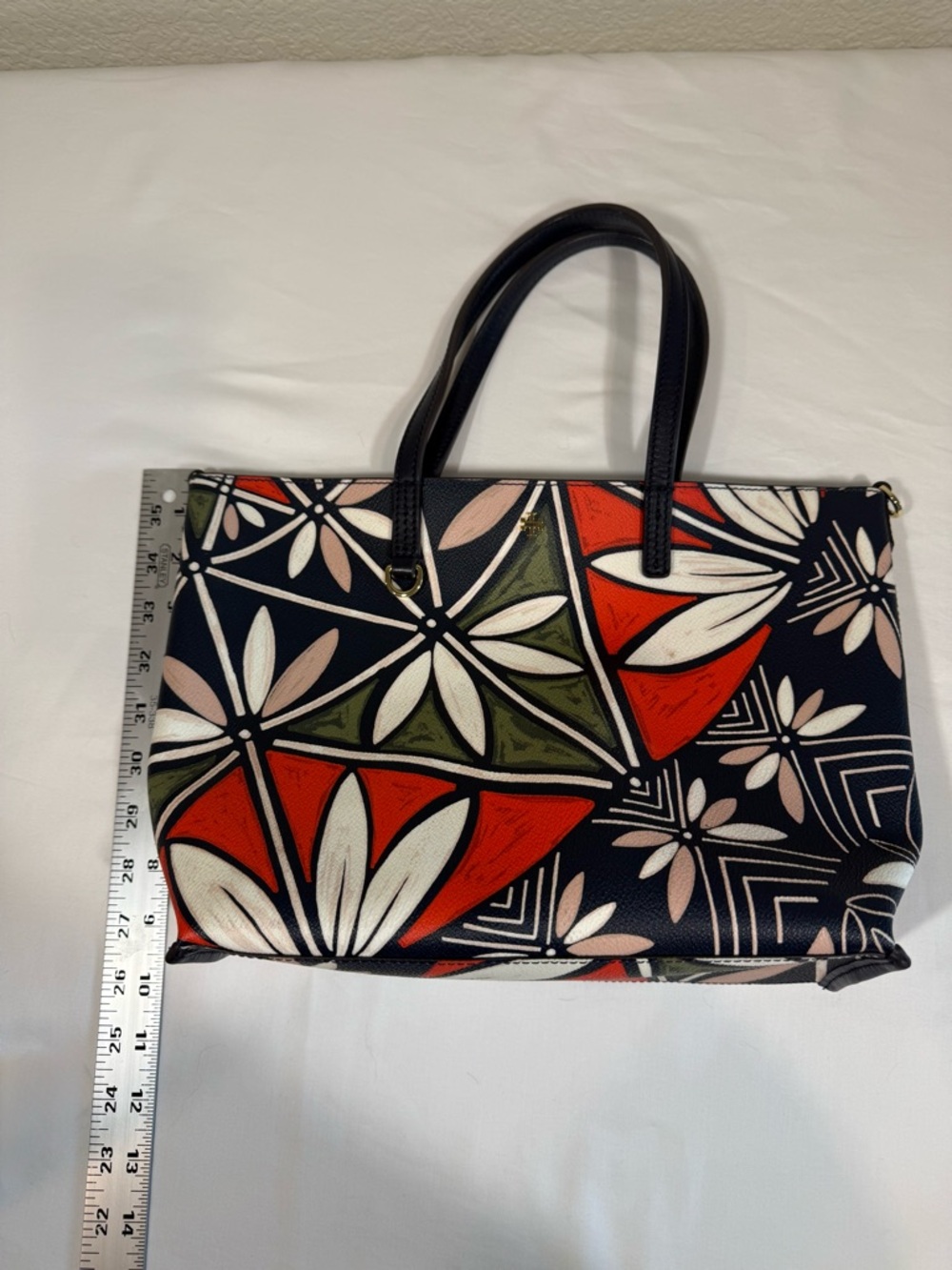 Tory Burch Navy Floral Geo Tote with Red and Olive Accents - Picture 9 of 9